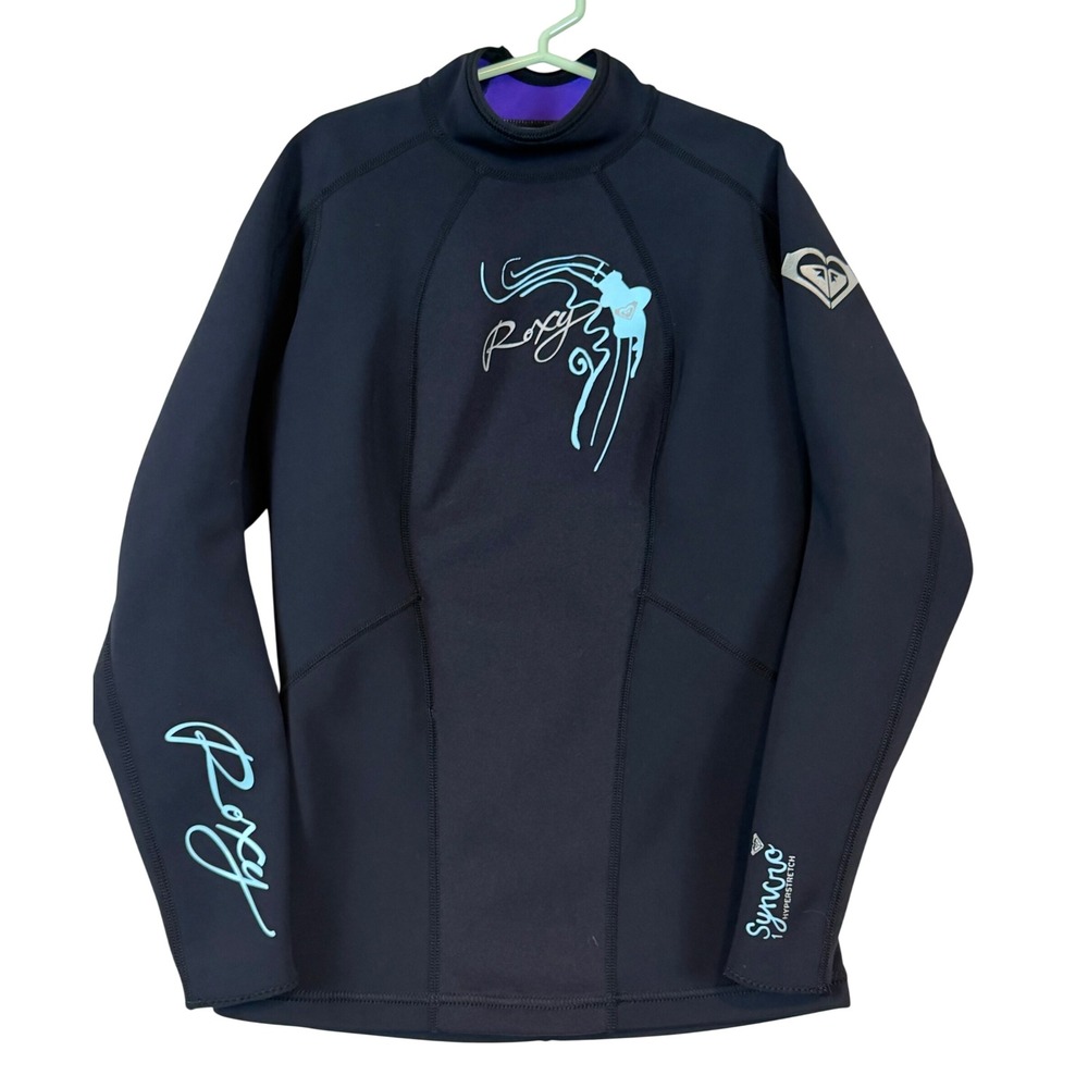 Roxy Syncro 1mm Hyperstretch Girls Rash Guard Wetsuit Top Black Blue Size 8/36